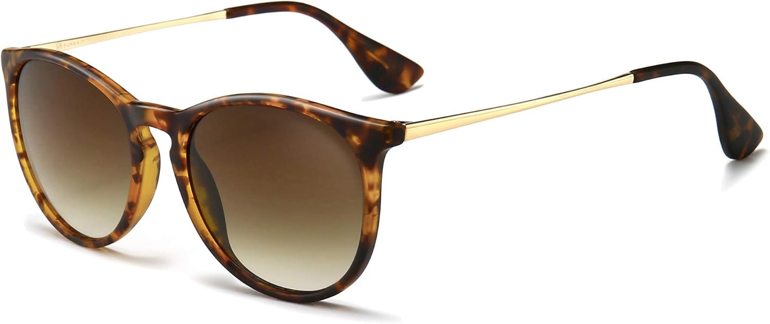 Lunettes de Soleil Rondes Vintage pour Femmes Classique Retro Designer Style Ladies Lunettes de Soleil Cadre Ambre (Finition Mate)/Lentille Dégradé Brun