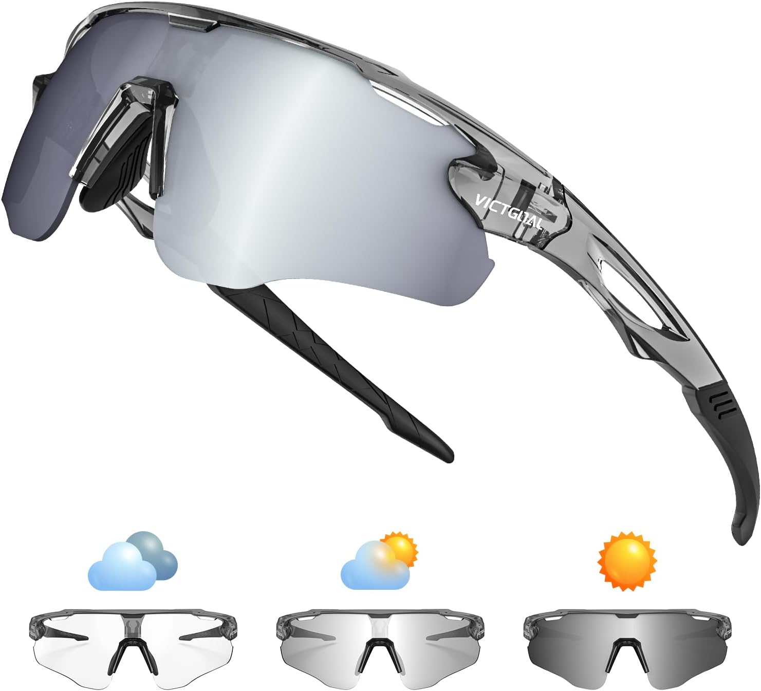 VICTGOAL Lunette de Cyclisme Photochromique Homme Femme Lunettes de Soleil de Cyclisme à Monture TR90 avec Protection UV Lunettes de Sport pour la Course à Pied et la Cyclisme L Gris