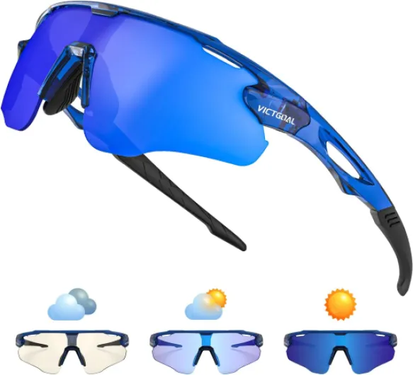 VICTGOAL Lunette de Cyclisme Photochromique Homme Femme Lunettes de Soleil de Cyclisme à Monture TR90 avec Protection UV Lunettes de Sport pour la Course à Pied et la Cyclisme L Marine