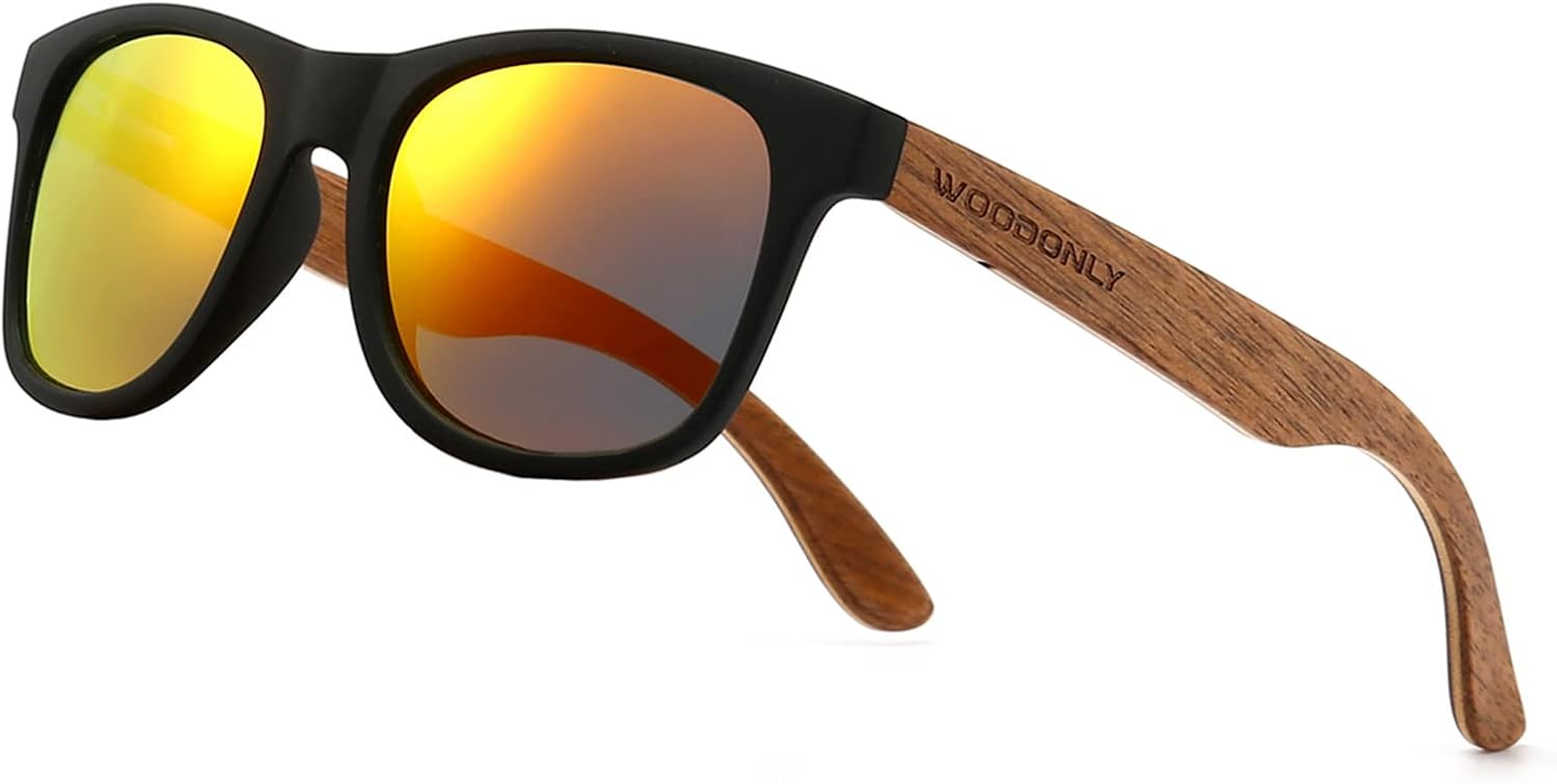 Lunettes de Soleil Rétro Polarisées en Bois - Lunettes Carrées avec Protection UV400 pour Hommes et Femmes Cadeaux Parfaits Noyer+orange