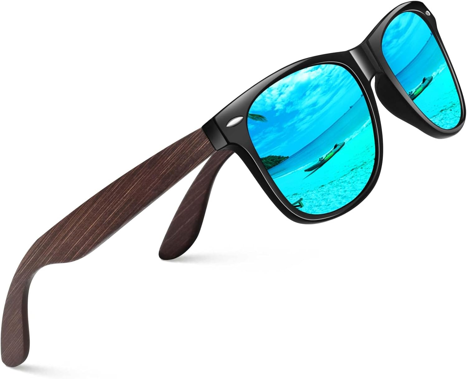 Lunettes de Soleil en Bambou Polarisées UV400 Homme Femme Monture Noire / Verres Miroir Bleus