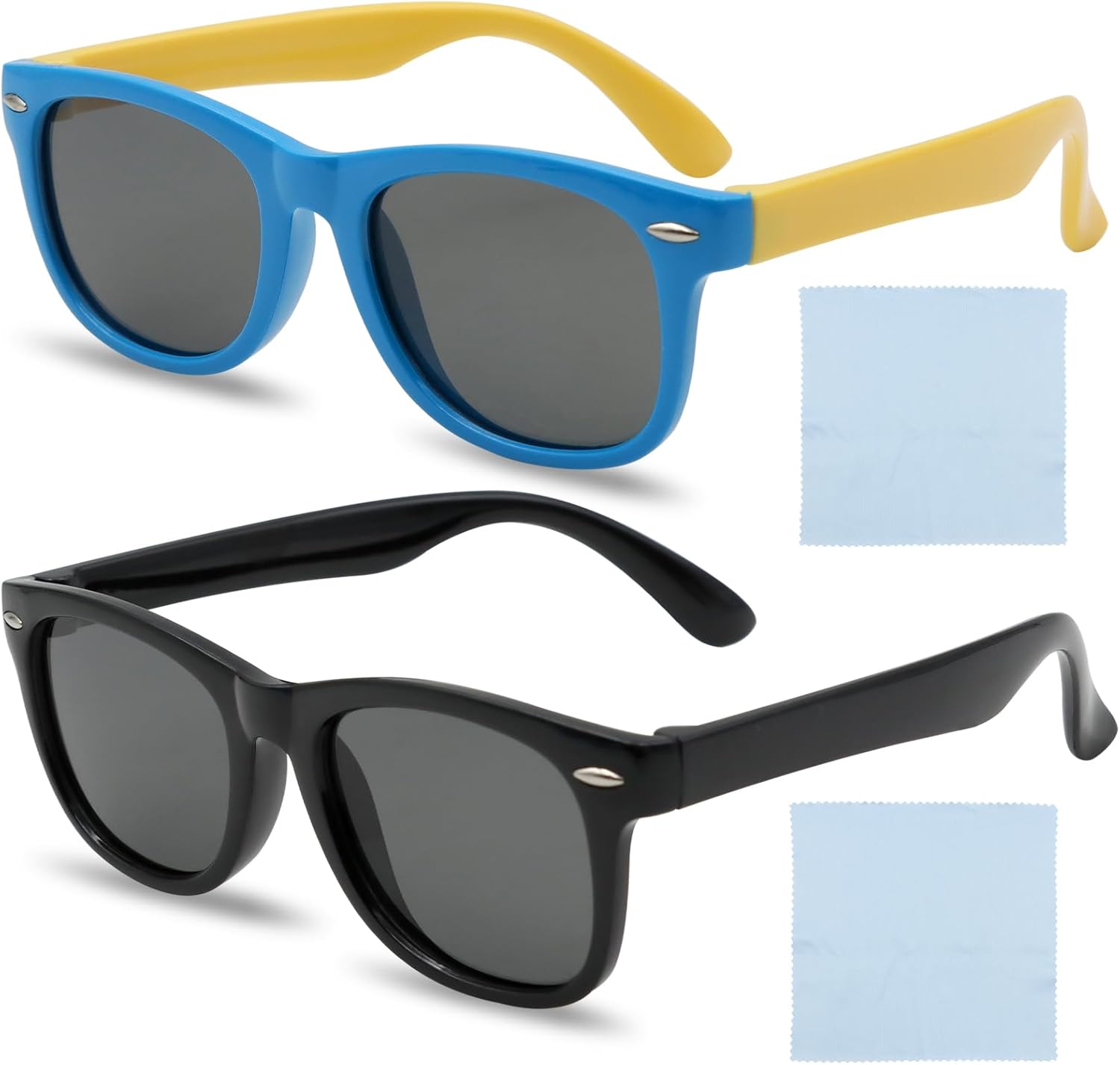 Lunettes de soleil polarisées pour garçons et filles - Monture en silicone, protection UV400, 2 pièces - Pour 3 à 12 ans, Noir + bleu