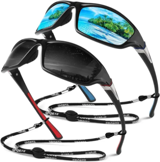 Lunettes de Soleil Polarisées pour Homme Femme,Sportives Lunettes de Conduite Pêche Vélo Anti-UV Lunettes de Soleil Monture Noir-rouge - Lentille Gris + Monture Noir-bleu - Lentille Glace Bleu