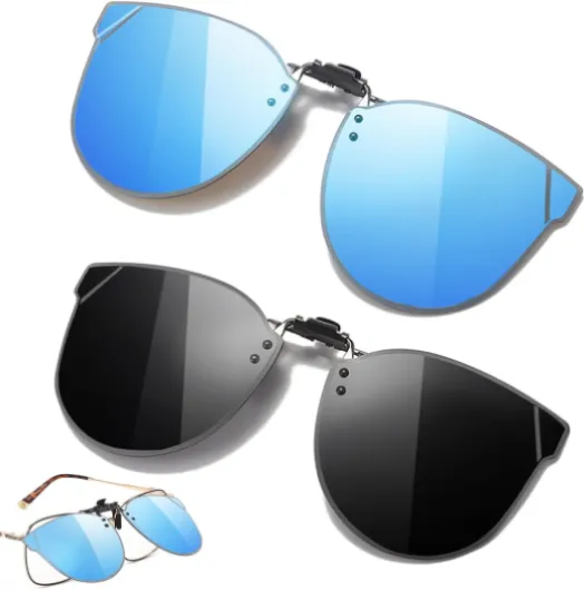 2 Pièces Clip Lunettes Polarisant, Clip Solaire pour Lunettes de Vue, Clip Lunettes de Soleil Polarisées UV400, Pour Hommes et Femmes(Noir, Bleu)