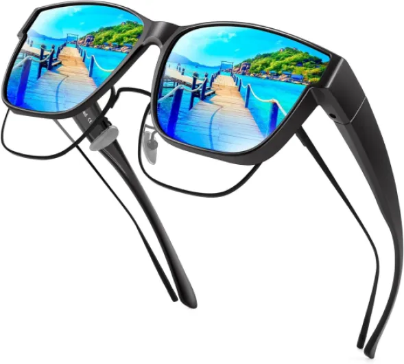 URUMQI Surlunettes de Soleil Femme Homme, Sur Lunettes Polarisée avec protection UV400 polarisantes Lunette pour Conduite, Cyclisme, Sport et Loisirs A03 Monture Noire Mate/Verres Miroirs Bleus