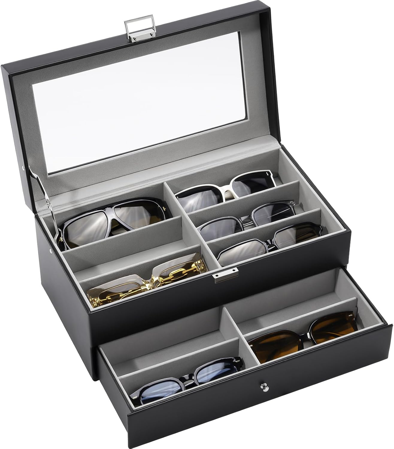 Boîte à Lunettes, Ranger 12 Lunettes de Soleil ou Lunettes de Vue, 2 Compartiments avec Vitrine Couverture en Verre Antichoc, sans Perdre ou Abîmer-Noir