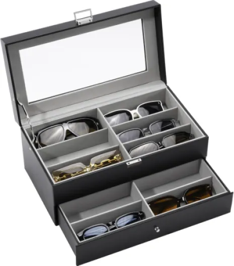 Boîte à Lunettes, Ranger 12 Lunettes de Soleil ou Lunettes de Vue, 2 Compartiments avec Vitrine Couverture en Verre Antichoc, sans Perdre ou Abîmer-Noir