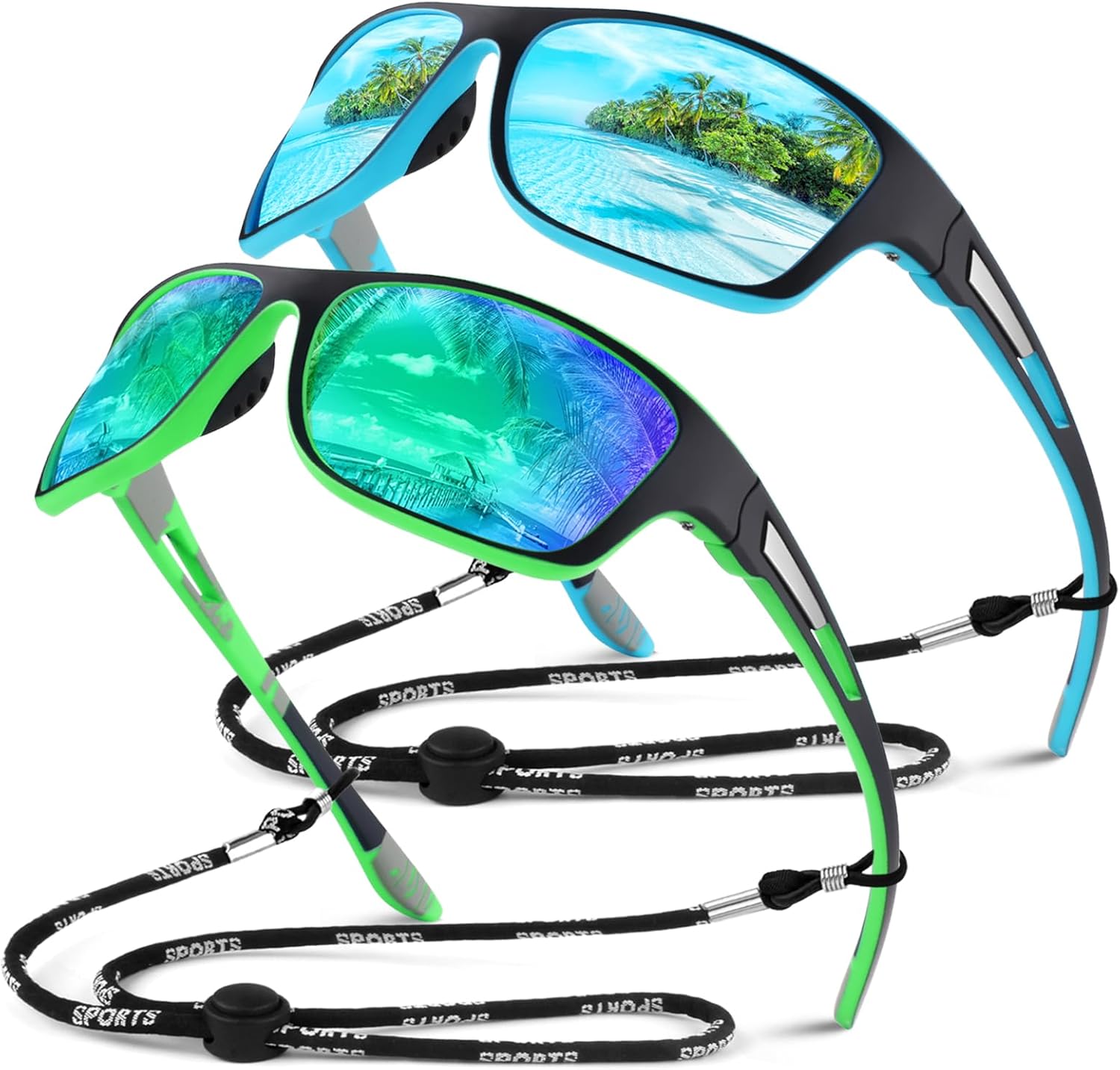Lunettes de Soleil Polarisées pour Homme Femme,Sportives Lunettes de Conduite Pêche Vélo Anti-UV Lunettes de Soleil Monture Noir-bleu - Lentille Glace Bleu + Monture Noir-vert - Lentille Vert