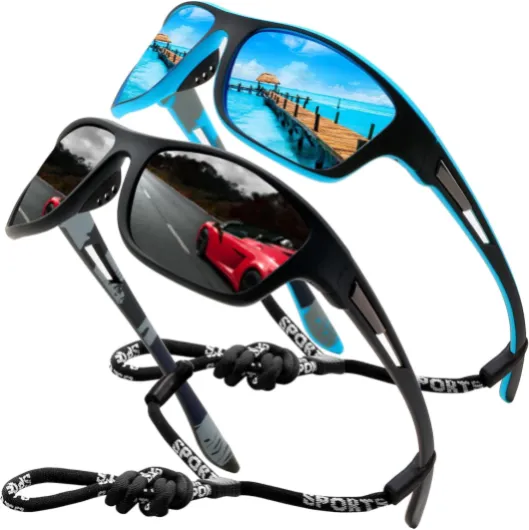 Sportive Lunettes de soleil hommes femmes polarisées pour la pêche conduite randonnée Vacances legere incassable cadre Enveloppantes Sunglasses Lanyard lunettes 2 Packs* (Lentille Bleue+lentille Noire)