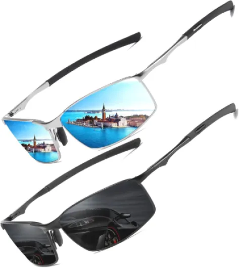 LEDING&BEST Lunettes de soleil Pilote polarisées hommes femmes Extérieur Léger Cadre métallique Pêche Golf Conduite Élégant Rétro lunettes Anti-Reflets Cat 3 CE 2pack(blue+black)