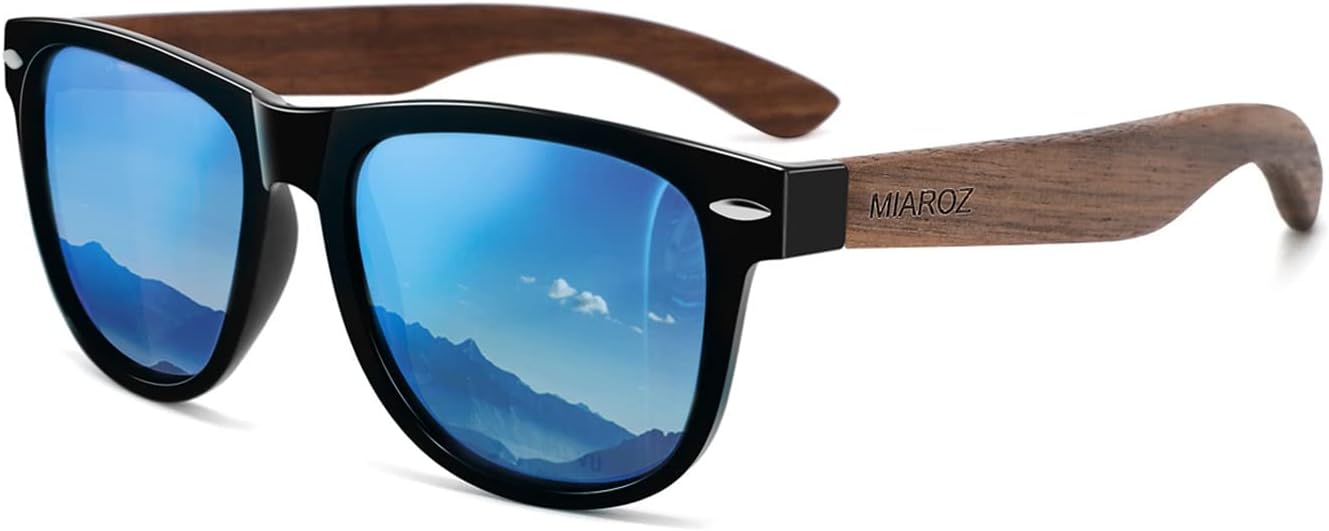 Lunettes de soleil en bois polarisées pour hommes: protection UV400 Antireflet Ultraléger Bois cadre PC et verres TAC - pour la pêche la conduite la Randonnée Activités de plein air bleu foncé