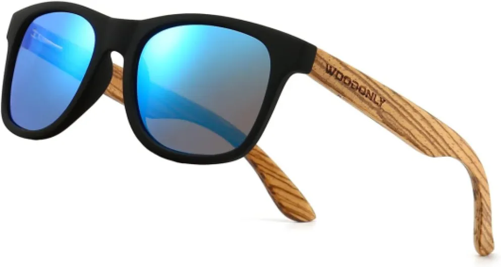 Lunettes de Soleil Rétro Polarisées en Bois - Lunettes Carrées avec Protection UV400 pour Hommes et Femmes Cadeaux Parfaits Bois Zebré + Bleu