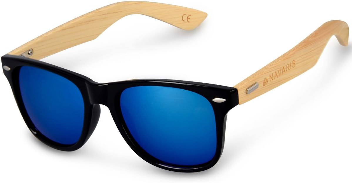 Lunettes de soleil UV400 - En bois pour hommes et femmes - Branches en bambou - Lunettes en bois avec étui - différentes couleurs Noir - Bleu