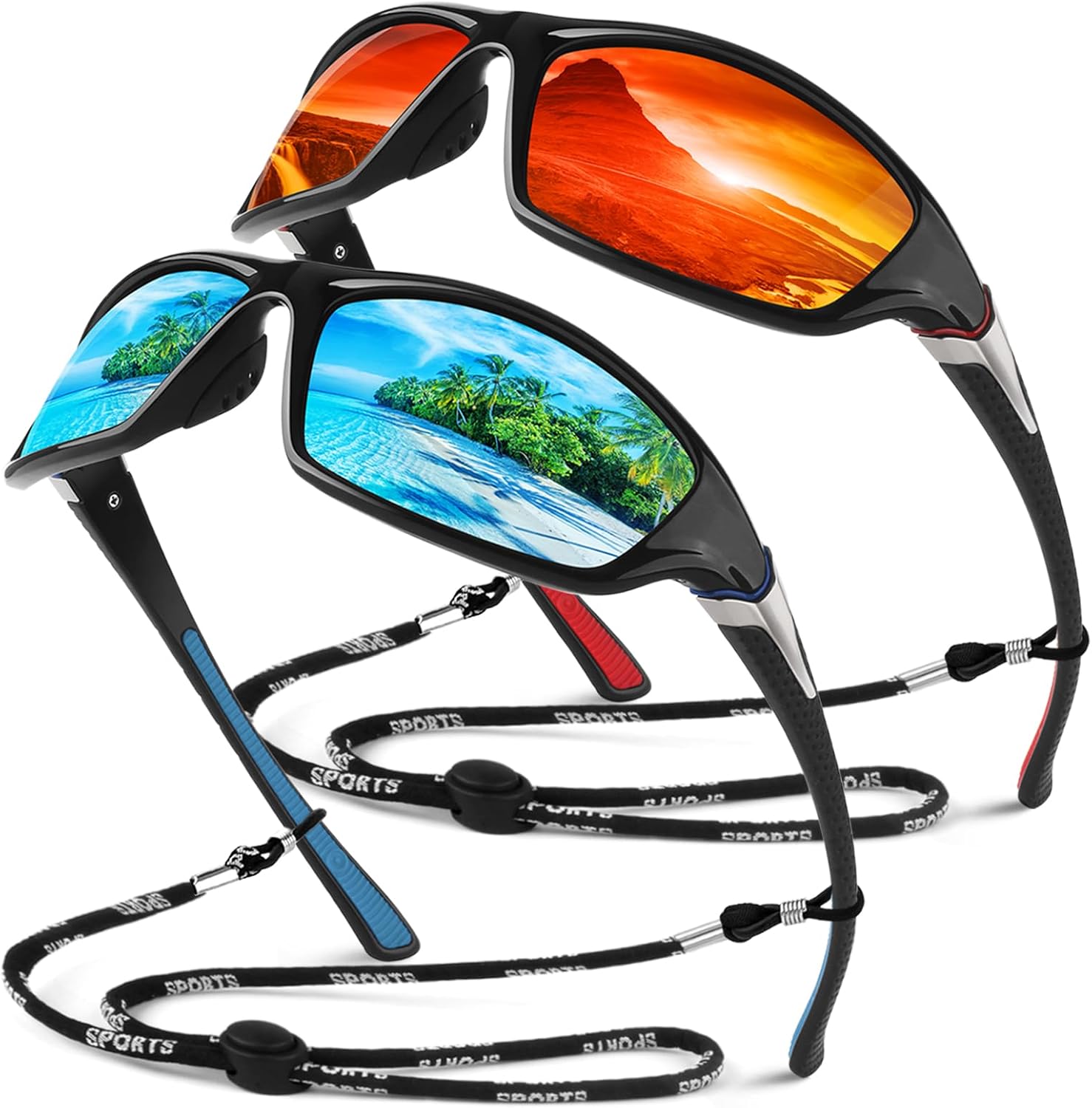 Lunettes de Soleil Polarisées pour Homme Femme,Sportives Lunettes de Conduite Pêche Vélo Anti-UV Lunettes de Soleil Monture Noir-rouge - Lentille Ambre Écarlate + Monture Noir-bleu - Lentille Glace Bleu