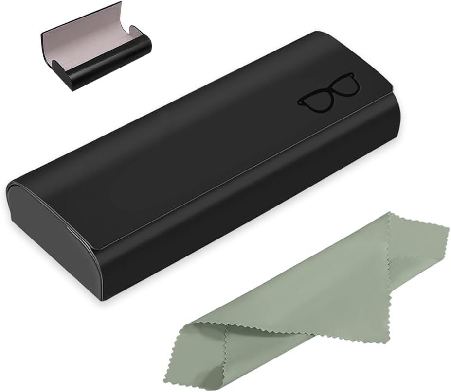 Étui à lunettes rigide en cuir synthétique de qualité supérieure - Pour homme et femme - Livré avec un chiffon en microfibre pour lunettes de soleil, lunettes de lecture, lunettes de Noir
