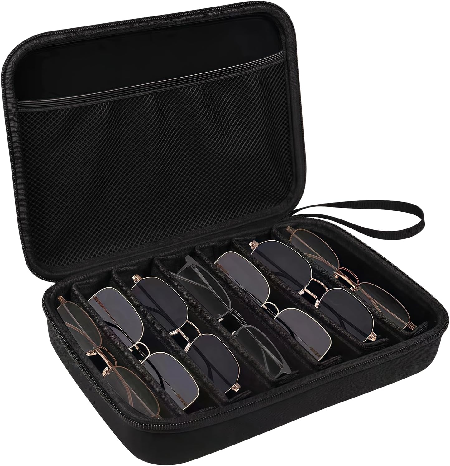 Étui à lunettes avec 7 compartiments - Organiseur de lunettes de soleil pour homme et femme - Étui rigide pour lunettes de soleil avec fermeture éclair et dragonne de transport - Noir