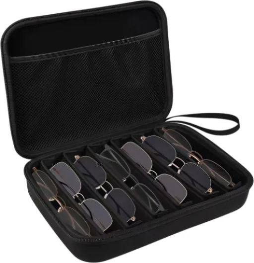 Étui à lunettes avec 7 compartiments - Organiseur de lunettes de soleil pour homme et femme - Étui rigide pour lunettes de soleil avec fermeture éclair et dragonne de transport - Noir