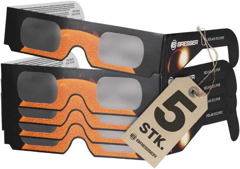 BRESSER lunettes pour éclipse solaire pour une observation sécurisée du soleil (5 pièces), avec filtre à lumière blanche, conforme ISO 12312-2:2017