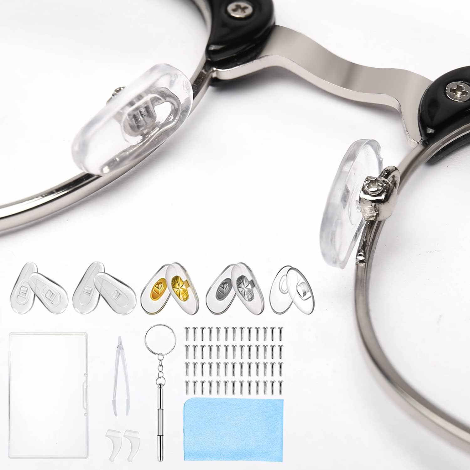 25 Paires Plaquettes de Nez de Lunettes en Silicone,Tampon de Nez de Lunettes à Visser, Kit de Réparation de Lunettes avec Vis Pincette et Chiffon de Nettoyage