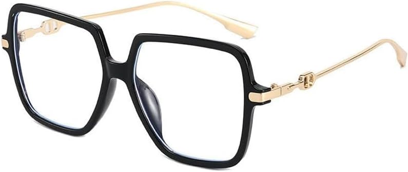 Générique Lunettes de Vue Carrées Oversize, Monture Noire avec Branches Dorées, Protection Lumière Bleue, +1.5
