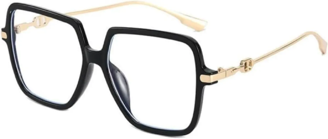 Générique Lunettes de Vue Carrées Oversize, Monture Noire avec Branches Dorées, Protection Lumière Bleue, +1.5
