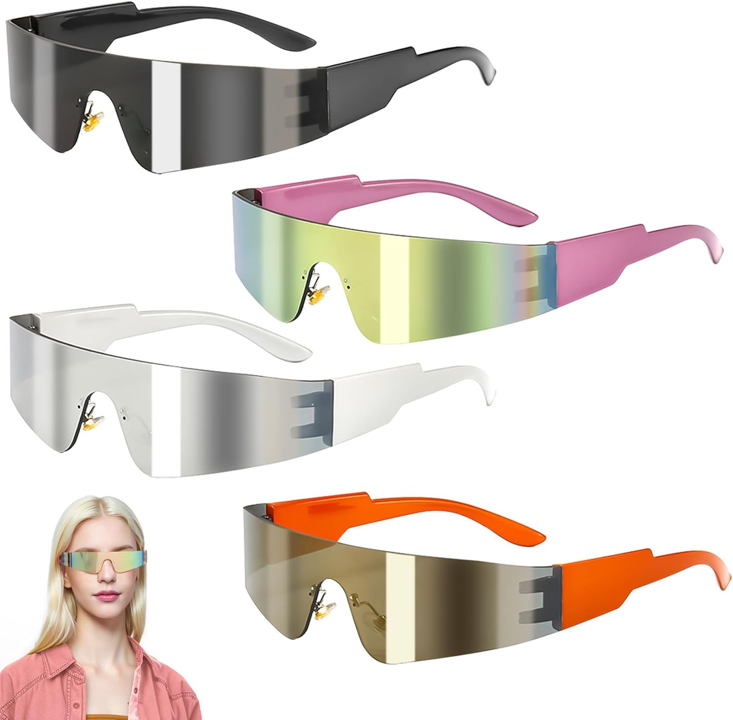 Lot de 4 paires de lunettes de soleil futuristes Y2k sans monture - Pour jeu de rôle, Halloween, cosplay, carnaval