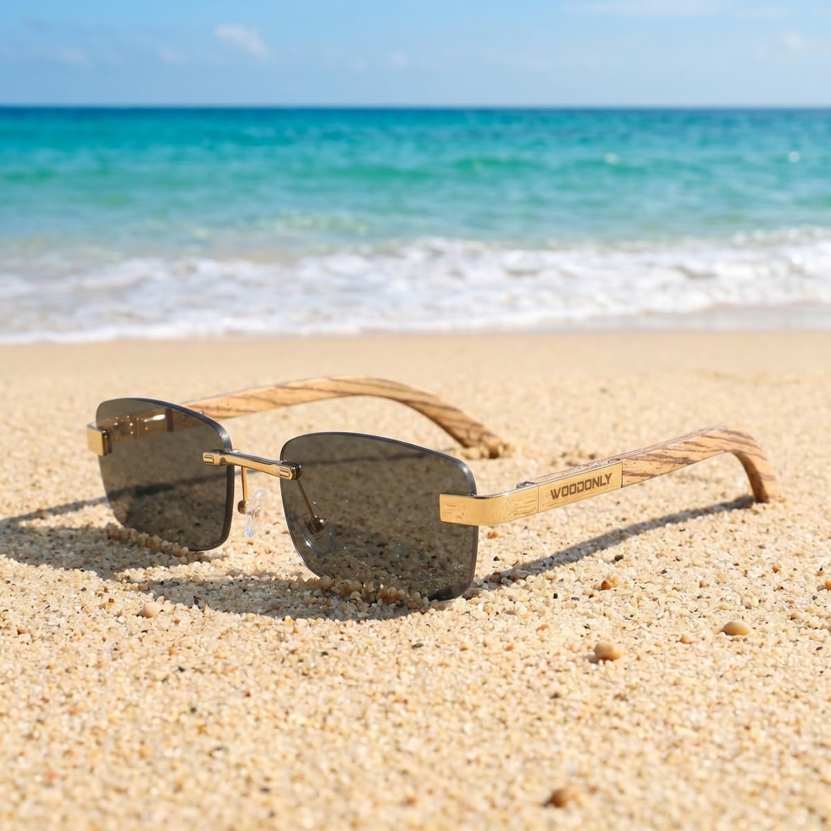 Lunettes de Soleil en Bois Sans Monture - Lunettes de Soleil à Monture Métallique Tendance avec Étui en Bambou pour Hommes et Femmes Cadeaux Parfaits Zébré