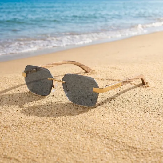 Lunettes de Soleil en Bois Sans Monture - Lunettes de Soleil à Monture Métallique Tendance avec Étui en Bambou pour Hommes et Femmes Cadeaux Parfaits Zébré