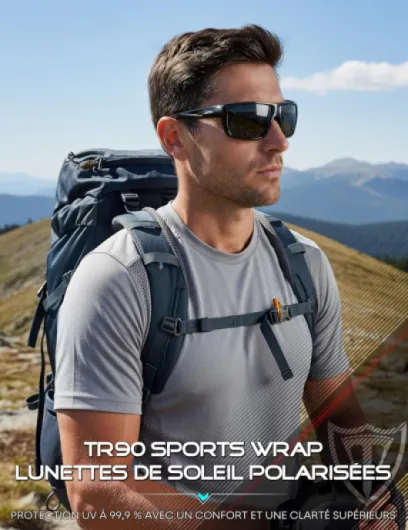 Lunettes de Soleil Homme Polarisées: UV400 léger TR90 Monture Enveloppant Verres Miroir Sports Conduite Pêche Golf M J2021-noir+gris /(Non Miroir)
