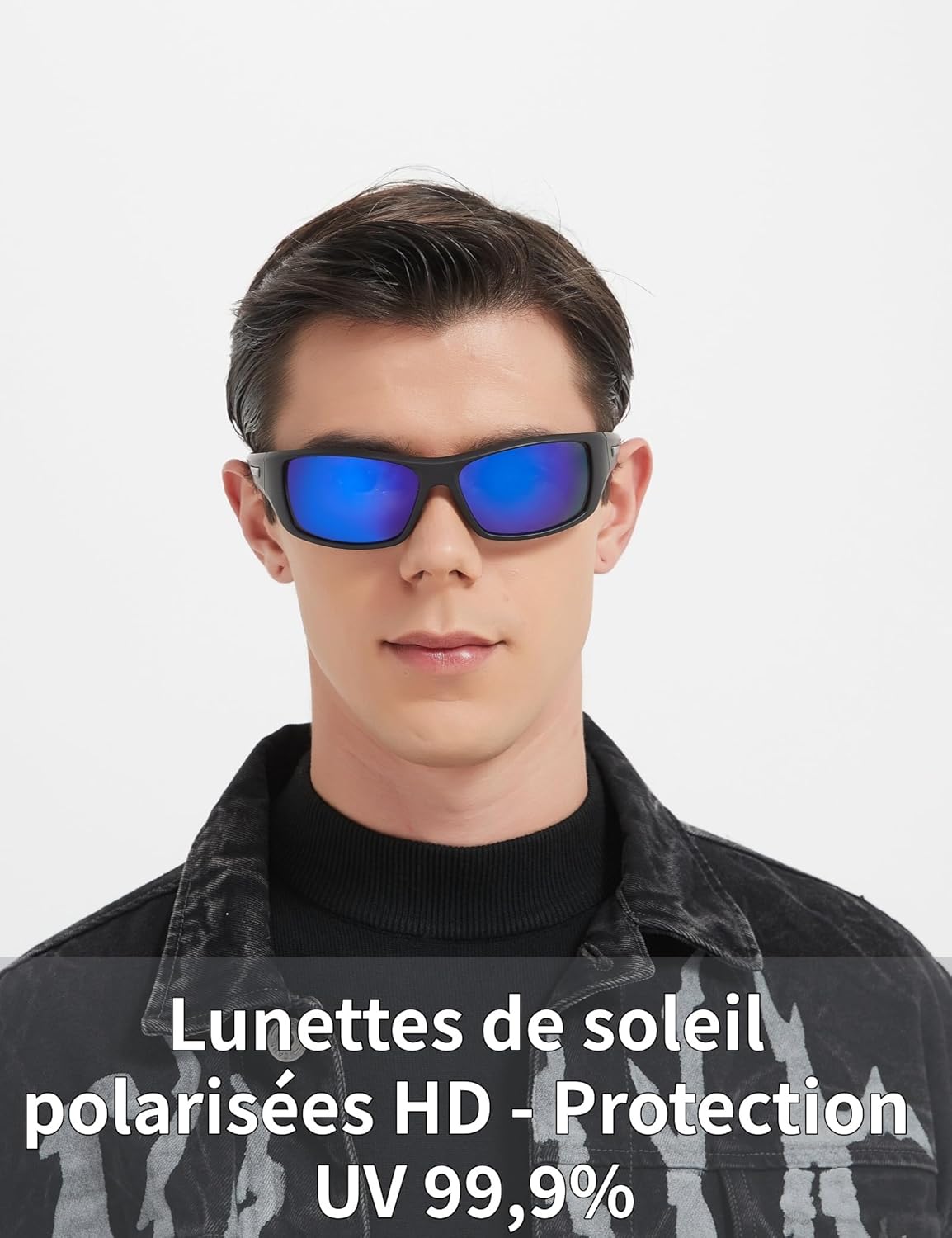 Lunettes de soleil Homme Polarisées avec Protection UV400 et Monture TR90 Ultralégère offrant une Vision HD Anti-Reflets pour la Conduite et les Sports de Plein Air C3 Noir / Bleu Miroir Cat 3 63 Millimètres