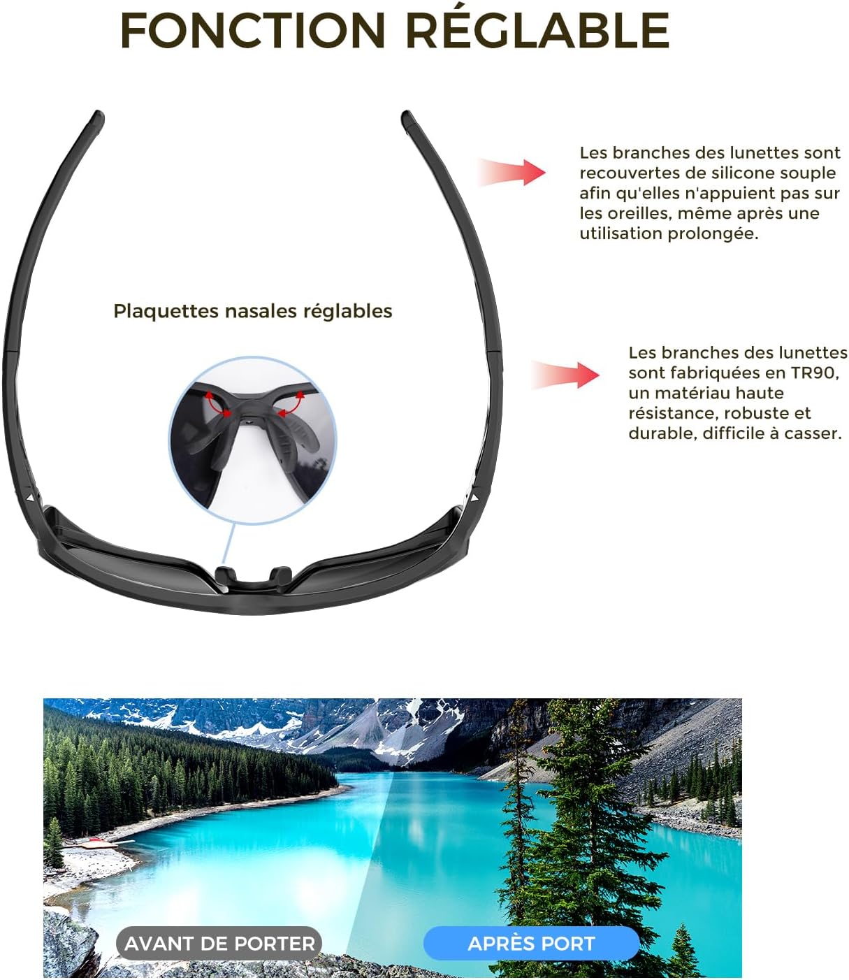 ARAS Lunettes de Soleil Polarisées pour Homme et Femme, Plaquettes Nasales Réglables Lunettes Légères TR90 avec Protection UV400 pour Cyclisme Tennis Vélo Moto La Pêche Randonnée Legere Noir