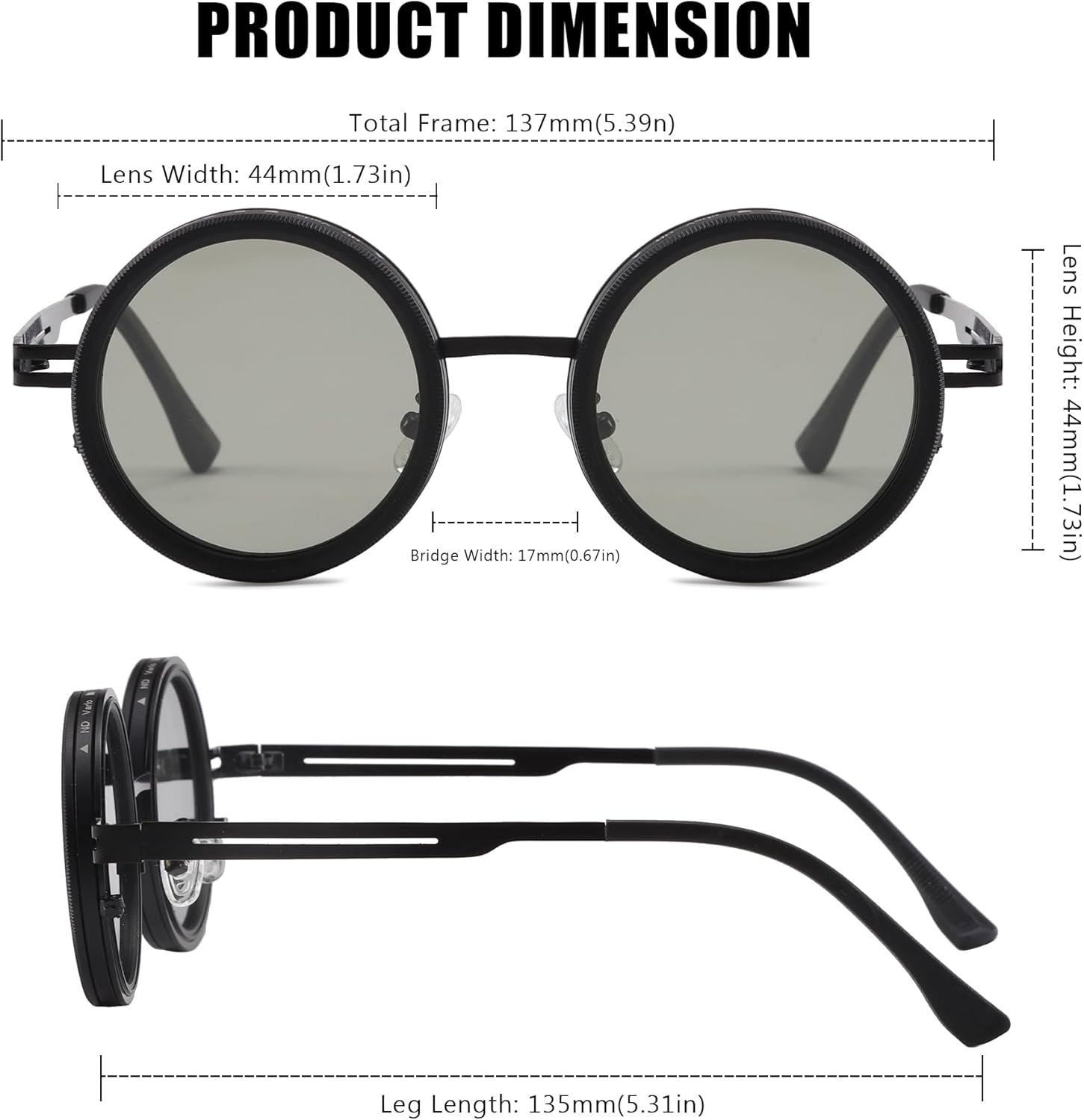 Lunettes de Soleil Réglables Femme Homme 1 à 9 vitesses Réglables Lunettes de Soleil Polarisés Léger Rondes pour Randonnée Conduite Pêche Noir