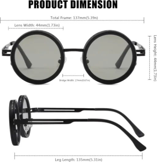 Lunettes de Soleil Réglables Femme Homme 1 à 9 vitesses Réglables Lunettes de Soleil Polarisés Léger Rondes pour Randonnée Conduite Pêche Noir