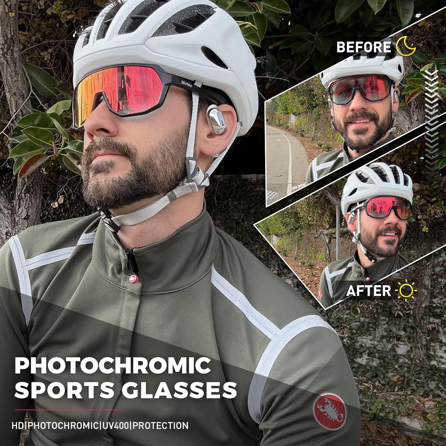 Lunettes de Cyclisme Photochromiques pour Hommes Femmes Lunettes de Soleil de Vélo de Montagne Lunettes de Sport Protection UV K63 Noir Rouge