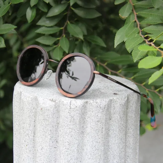 Lunettes de Soleil Rondes Polarisées en Bois - Lunettes de Soleil Rétro en Bois avec Etui en Bambou pour Hommes et Femmes Cadeaux Parfaits Ébène