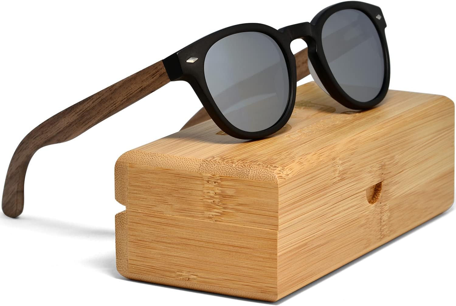 Lunettes de Soleil Rondes en Bois Hommes et Femmes - Lunettes de Soleil Polarisées Homme UV400 - Lunette Bois Homme Qualité Supérieure - Cadre en Acétate Noir et Branches en Bois de Noyer Argent