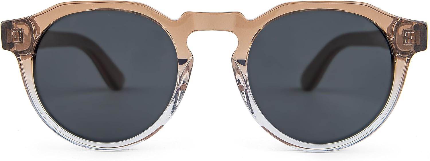 Lunettes de Soleil Panto Ronde en Bois Hommes et Femmes - Lunettes de Soleil Polarisées UV400 - Lunette Bois Homme Qualité Supérieure - Cadre en Acétate et Branches en Bois Beige Noir