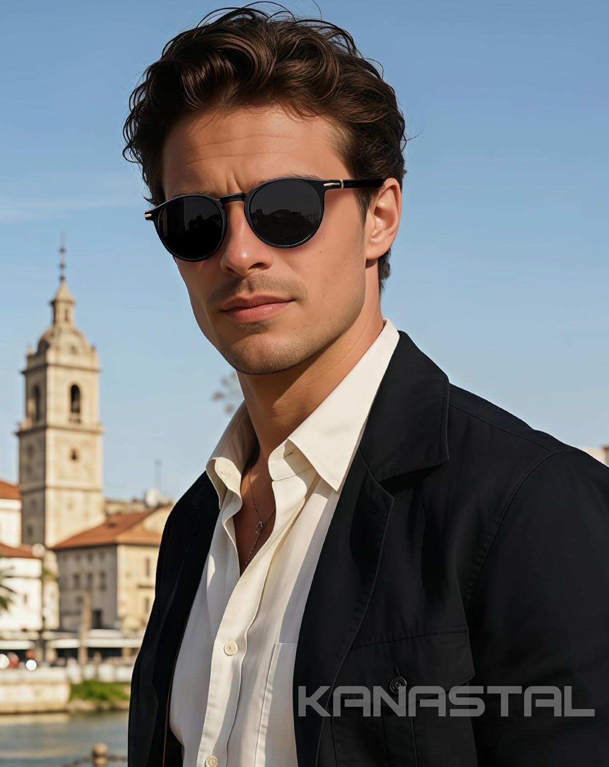 Lunettes de Soleil Femme Polarisées Acétate Branches Vintage Lunette de Soleil Homme Ronde Rétro Élégance Protection UV400 TR90 Cadre Noir Brillant Noir sur la photo