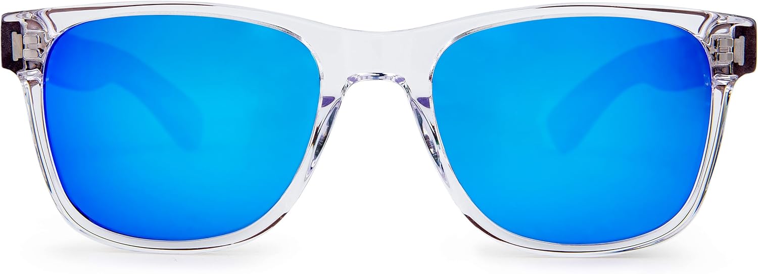 Lunettes de Soleil Hommes et Femmes - Cadre en Acétate avec Branches en Bois de Noyer Ébène Zèbre ou Bambou - Polarisées UV400 Cat3 CE Monture Transparente - Branches Noyer Bleu