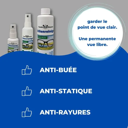 ® Set 400ml Eyewear Spray de 50 ml à emporter + 100 ml pour la maison + flacon de 250 ml - sans alcool - anti-buée - sans stries - Aussi pour les écrans, moniteurs, visières
