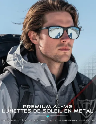 Lunettes de Soleil Homme Polarisées: Protecion UV400 léger Monture en AL-MG Verres Miroir Conduite Randonnée Voyages M 8587-noir-argenté /Miroir