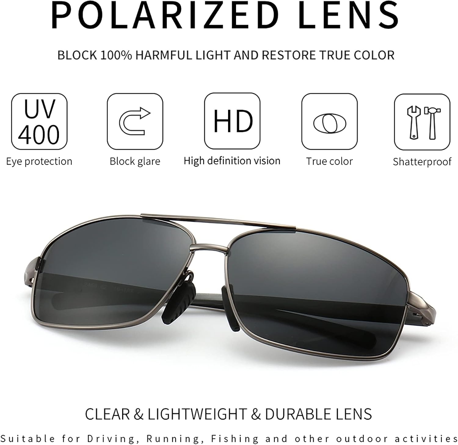 Lunettes de soleil polarisées rectangulaires ultra légères UV400 Protection 2024 Gunmetal Cadre/Gris Lentille
