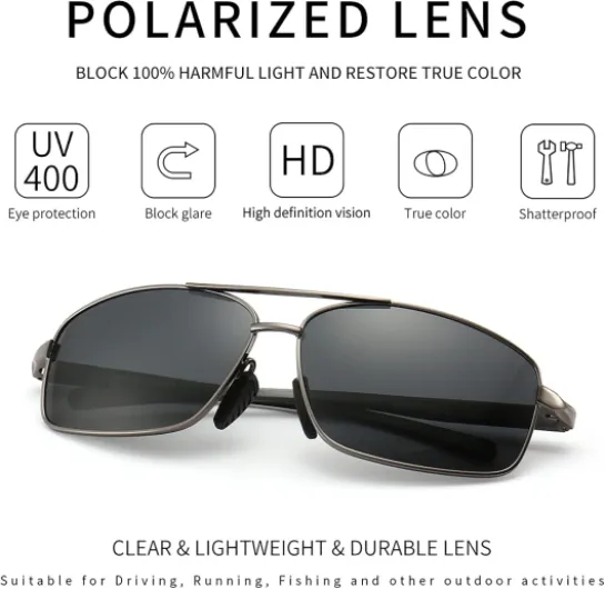 Lunettes de soleil polarisées rectangulaires ultra légères UV400 Protection 2024 Gunmetal Cadre/Gris Lentille