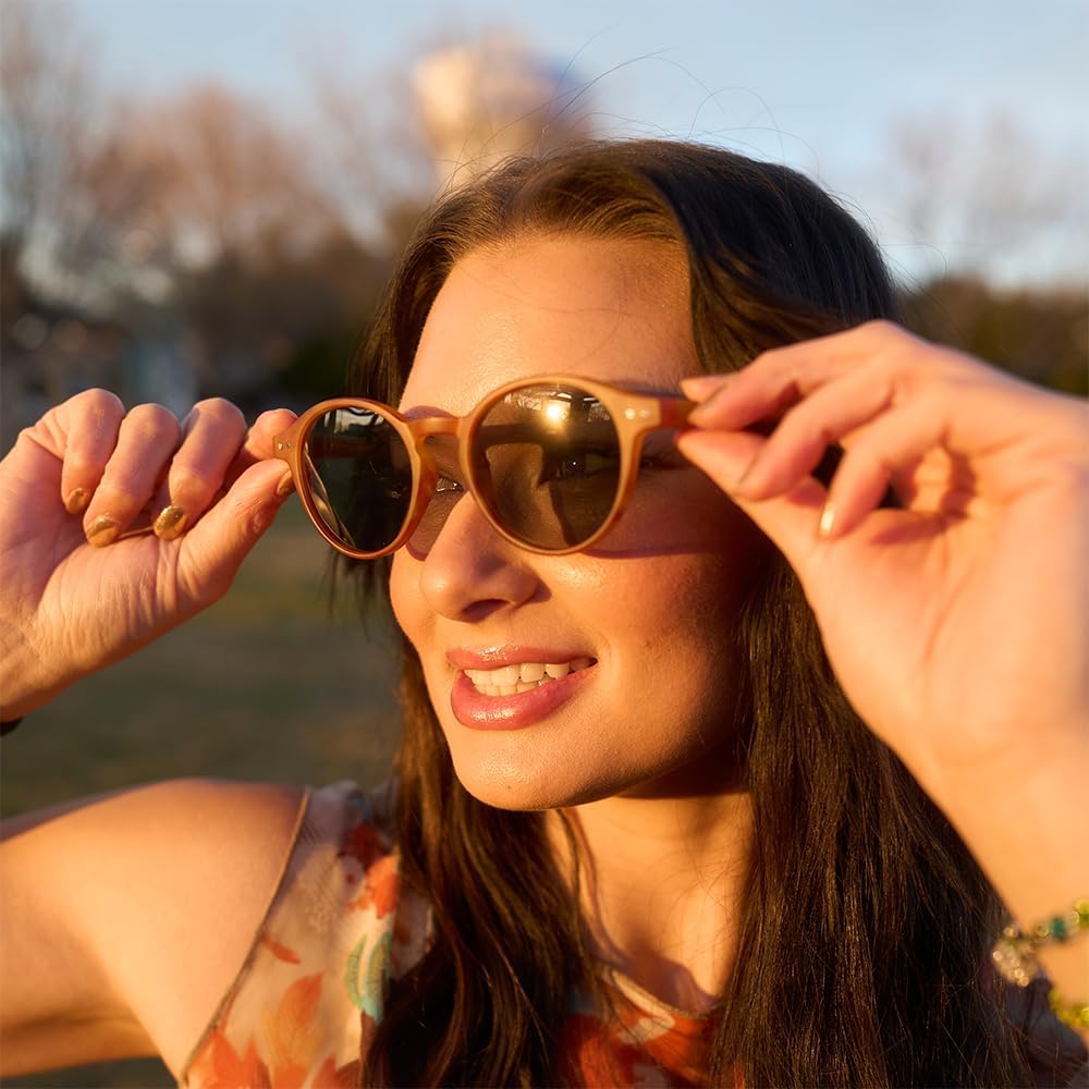 Lunettes de Soleil Polarisées pour Hommes et Femmes : Classiques Rétro Rondes Unisexes - Protection UV400 Cat.3 Marron Demi / Vert